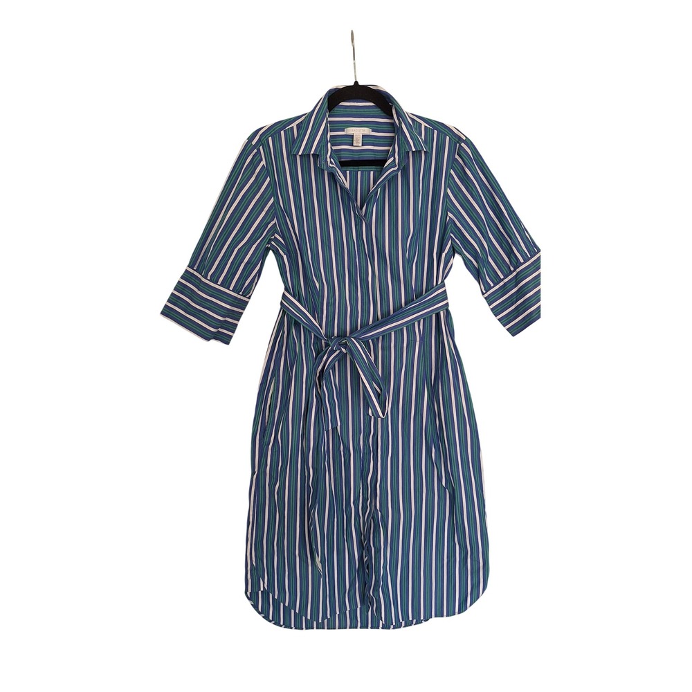 Bagutta Blue Green Striped Cotton Shirt Dress with Belt Half Sleeve Size 46